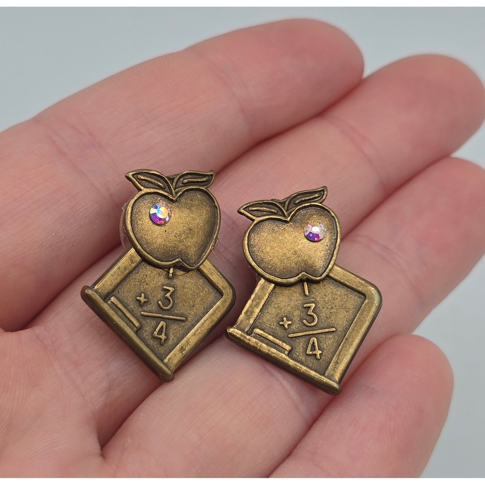 Vintage 90s Bronze Chalkboard Teacher Stud Earrings Apple Math Novelty School